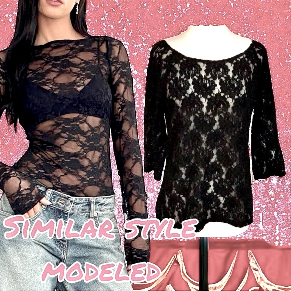 Joe Fresh Black Floral Lace Sheer Layering Top - Size Medium EUC Girly Boho